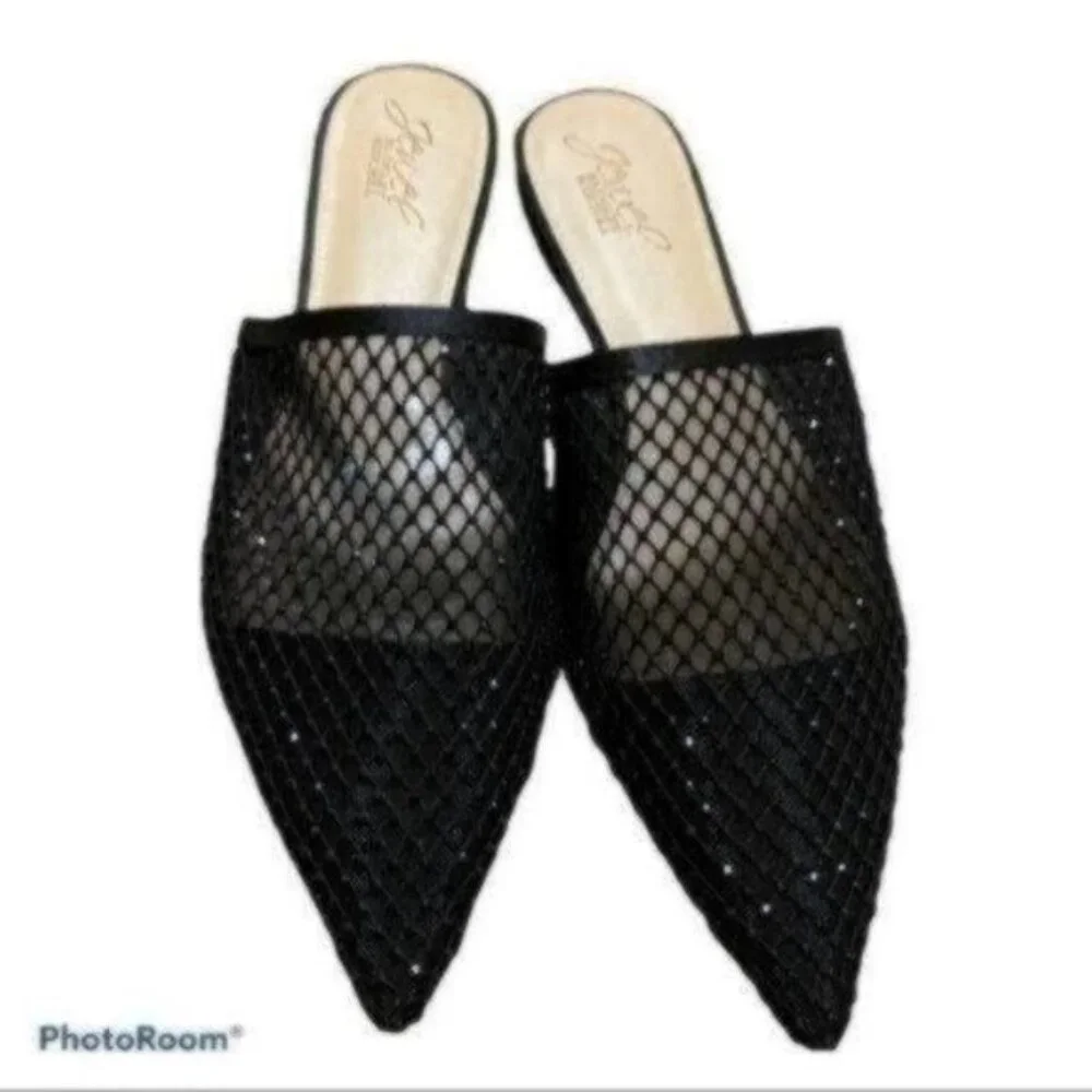 Badgley Mischka Jewel Studded Rhinestone Black Mule Flat Shoes Size 9 - Picture 1 of 8